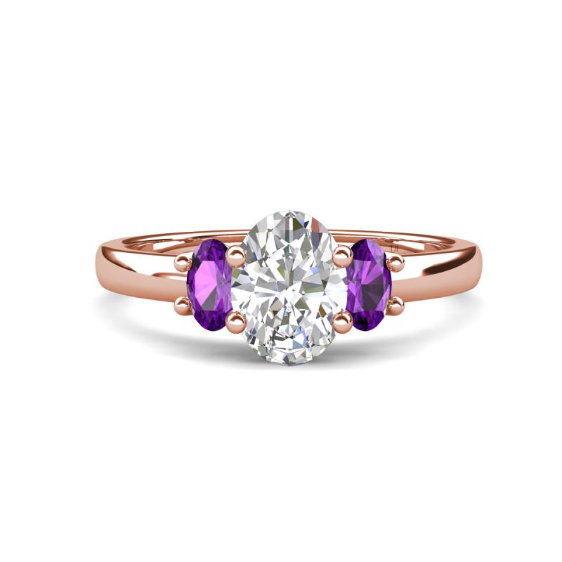 Gemma 1.74 ctw IGI Certified Lab Grown Diamond Oval Cut (8x6 mm) and Amethyst Trellis Three Stone Engagement Ring 
