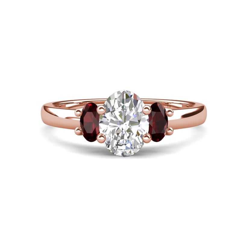 Gemma 1.90 ctw IGI Certified Lab Grown Diamond Oval Cut (8x6 mm) and Red Garnet Trellis Three Stone Engagement Ring 