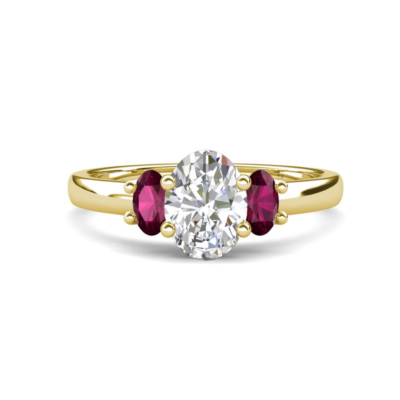 Gemma 1.96 ctw IGI Certified Lab Grown Diamond Oval Cut (8x6 mm) and Rhodolite Garnet Trellis Three Stone Engagement Ring 