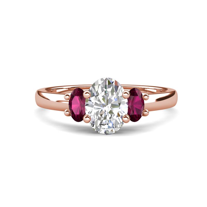 Gemma 1.96 ctw IGI Certified Lab Grown Diamond Oval Cut (8x6 mm) and Rhodolite Garnet Trellis Three Stone Engagement Ring 