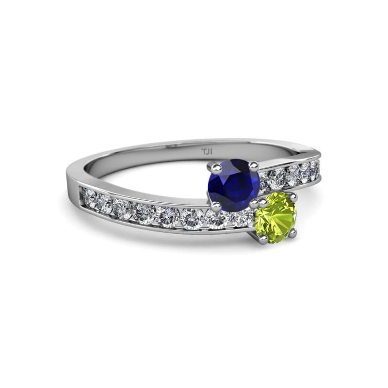 Olena Blue Sapphire and Peridot with Side Diamonds Bypass Ring 