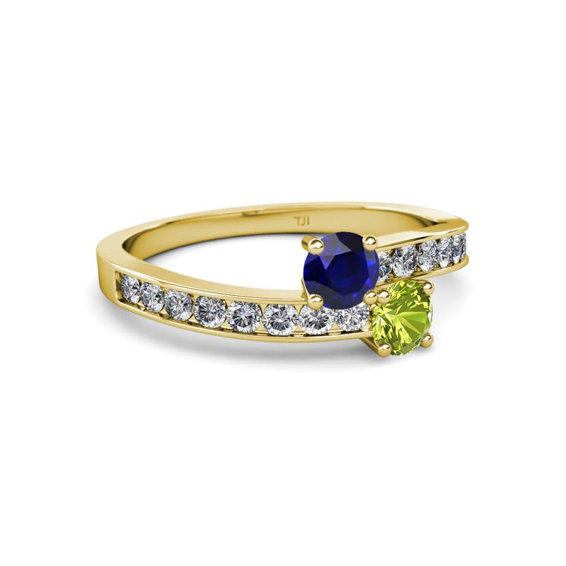 Olena Blue Sapphire and Peridot with Side Diamonds Bypass Ring 