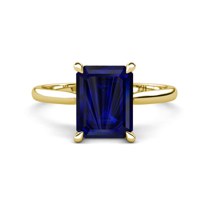 Zaire 3.02 ctw Created Blue Sapphire Emerald Shape (9x7 mm) Hidden Halo accented Side Natural Diamond Engagement Ring 