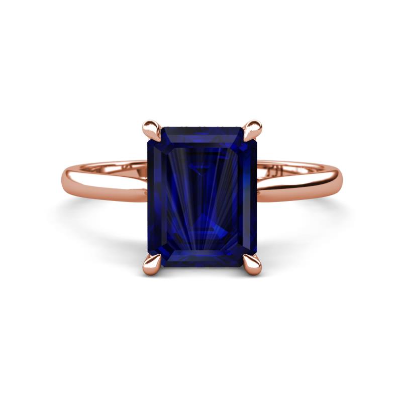 Zaire 3.02 ctw Created Blue Sapphire Emerald Shape (9x7 mm) Hidden Halo accented Side Natural Diamond Engagement Ring 