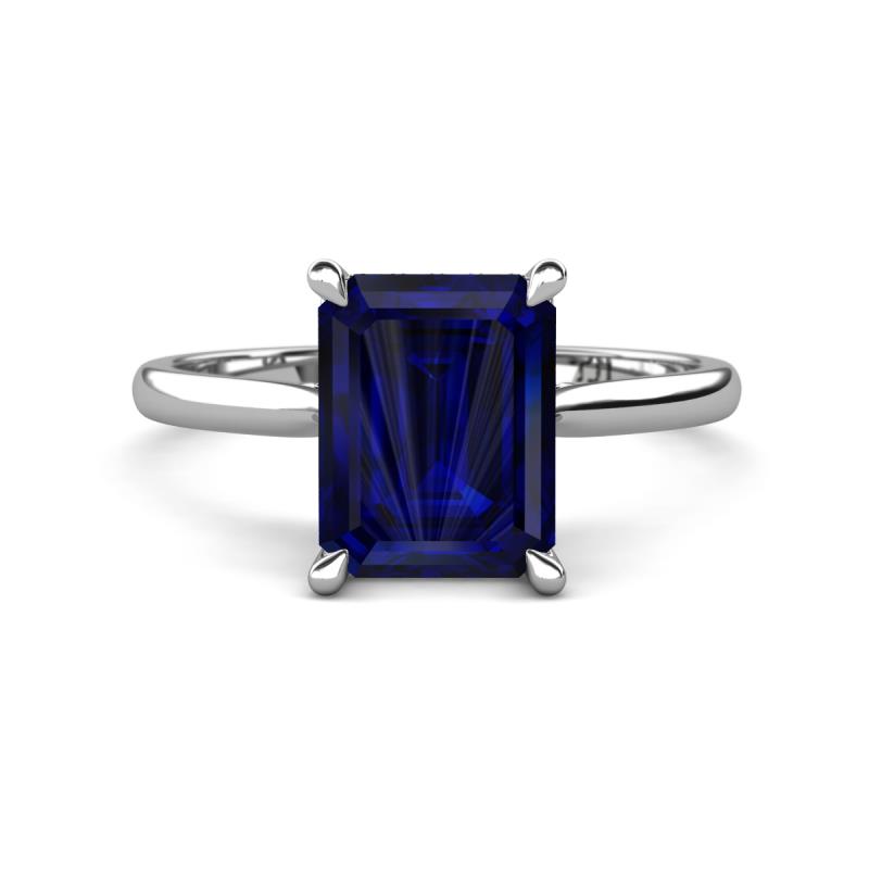 Zaire 3.02 ctw Created Blue Sapphire Emerald Shape (9x7 mm) Hidden Halo accented Side Natural Diamond Engagement Ring 