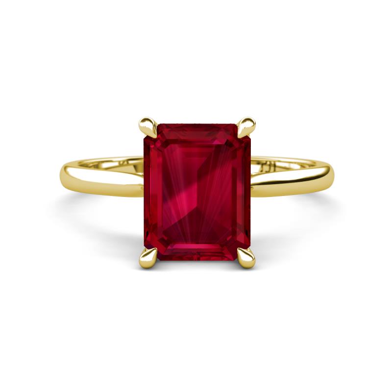 Zaire 3.08 ctw Created Ruby Emerald Shape (9x7 mm) Hidden Halo accented Side Natural Diamond Engagement Ring 