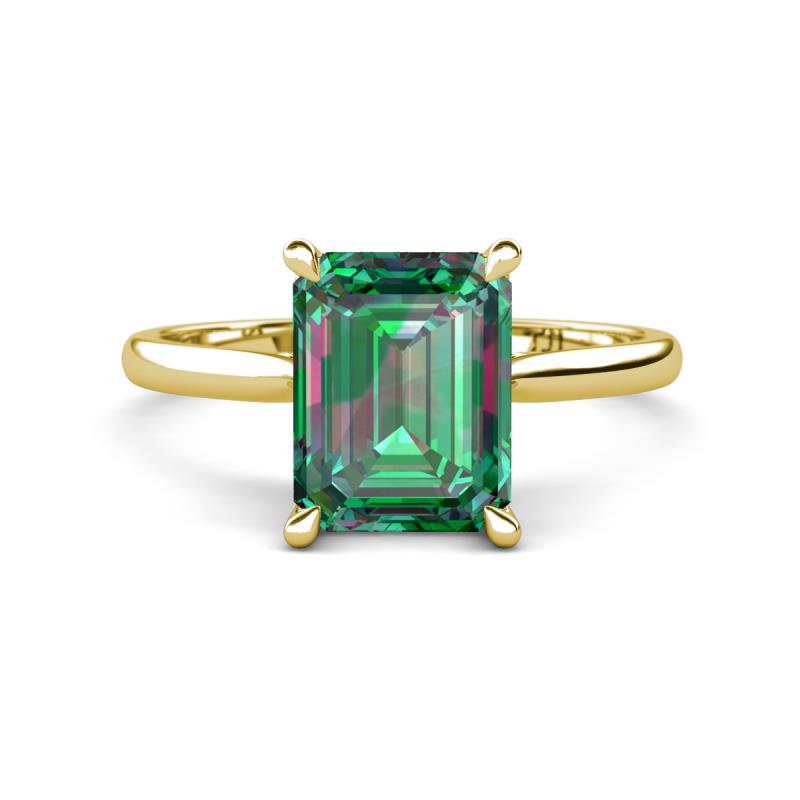 Zaire 3.32 ctw Lab Created Alexandrite Emerald Shape (9x7 mm) Hidden Halo accented Side Natural Diamond Engagement Ring 