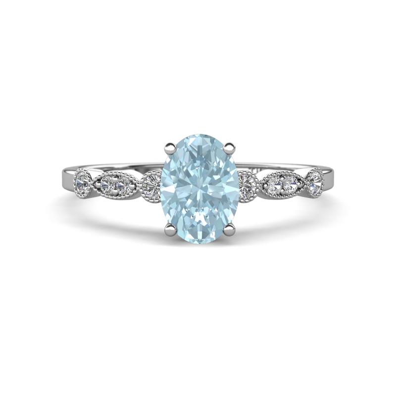 Kiara 0.92 ctw Aquamarine Oval Shape (7x5 mm) Solitaire Plus accented Natural Diamond Engagement Ring 