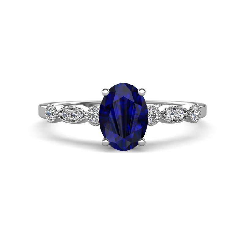 Kiara 1.10 ctw Blue Sapphire Oval Shape (7x5 mm) Solitaire Plus accented Natural Diamond Engagement Ring 