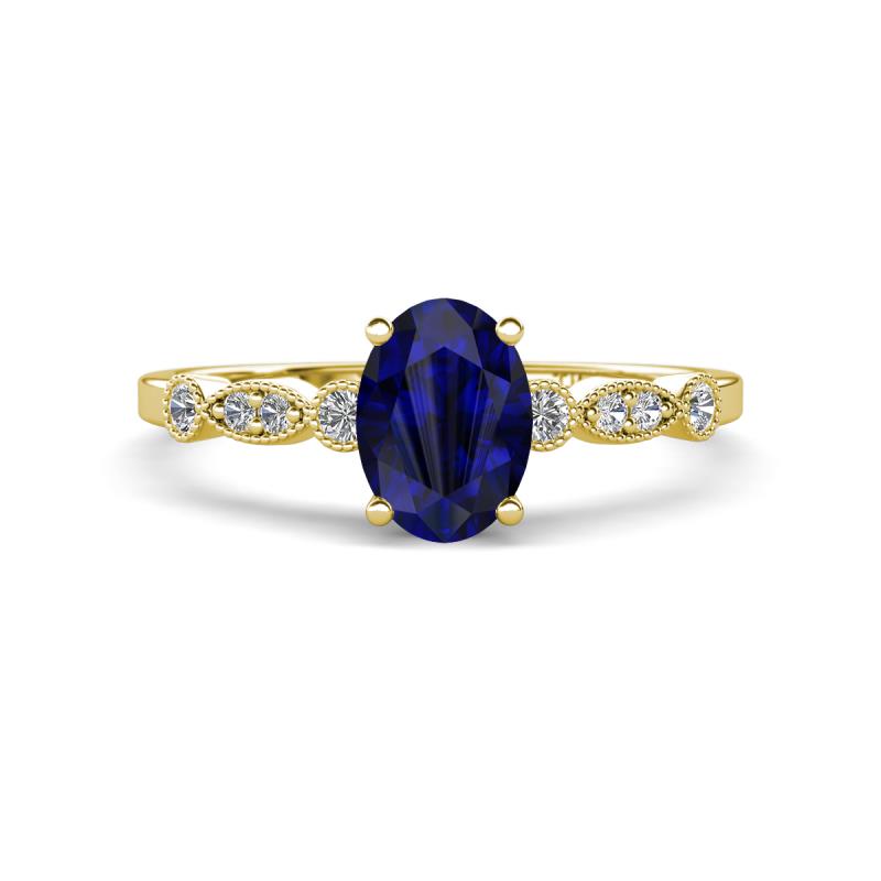 Kiara 1.10 ctw Blue Sapphire Oval Shape (7x5 mm) Solitaire Plus accented Natural Diamond Engagement Ring 