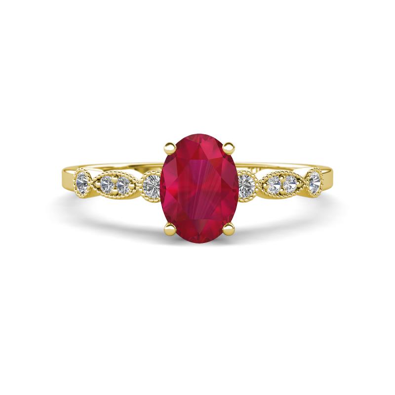 Kiara 1.10 ctw Ruby Oval Shape (7x5 mm) Solitaire Plus accented Natural Diamond Engagement Ring 