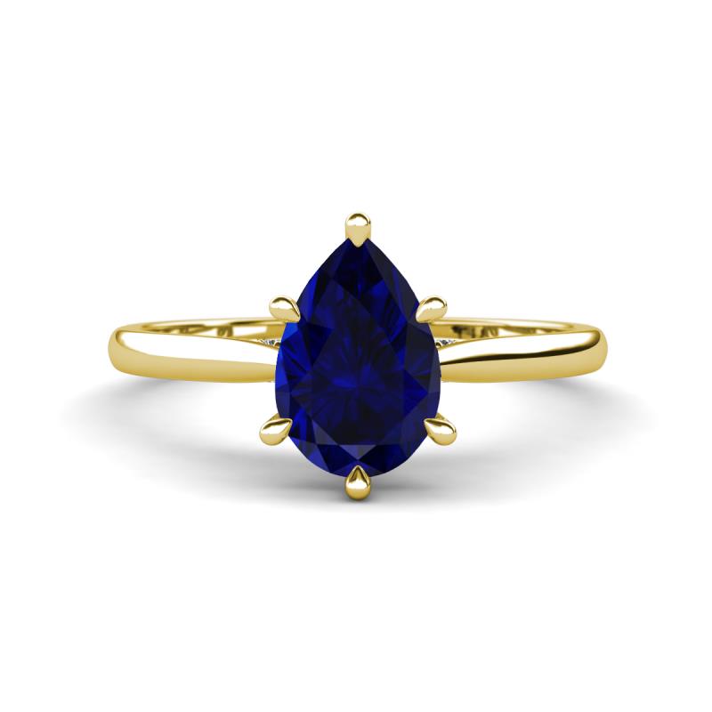 Zaire 1.73 ctw Created Blue Sapphire Pear Shape (9x6 mm) Hidden Halo accented Side Natural Diamond Engagement Ring 