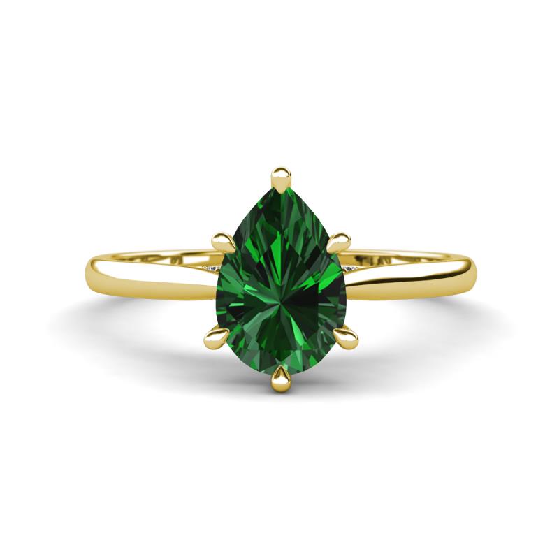 Zaire 1.20 ctw Created Emerald Pear Shape (9x6 mm) Hidden Halo accented Side Natural Diamond Engagement Ring 