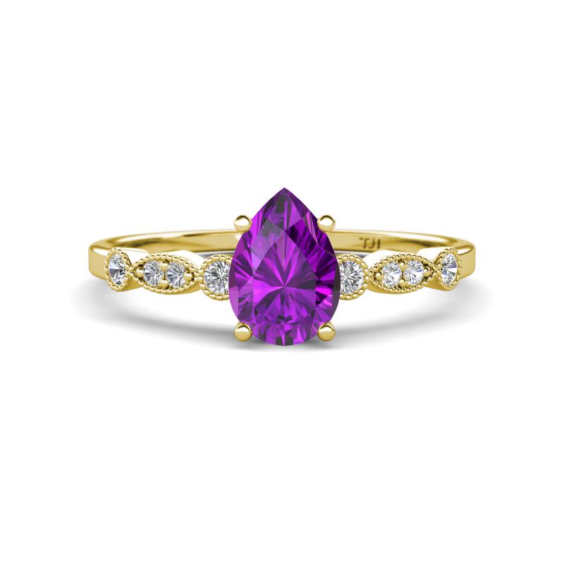 Kiara 0.85 ctw Amethyst Pear Shape (7x5 mm) Solitaire Plus accented Natural Diamond Engagement Ring 