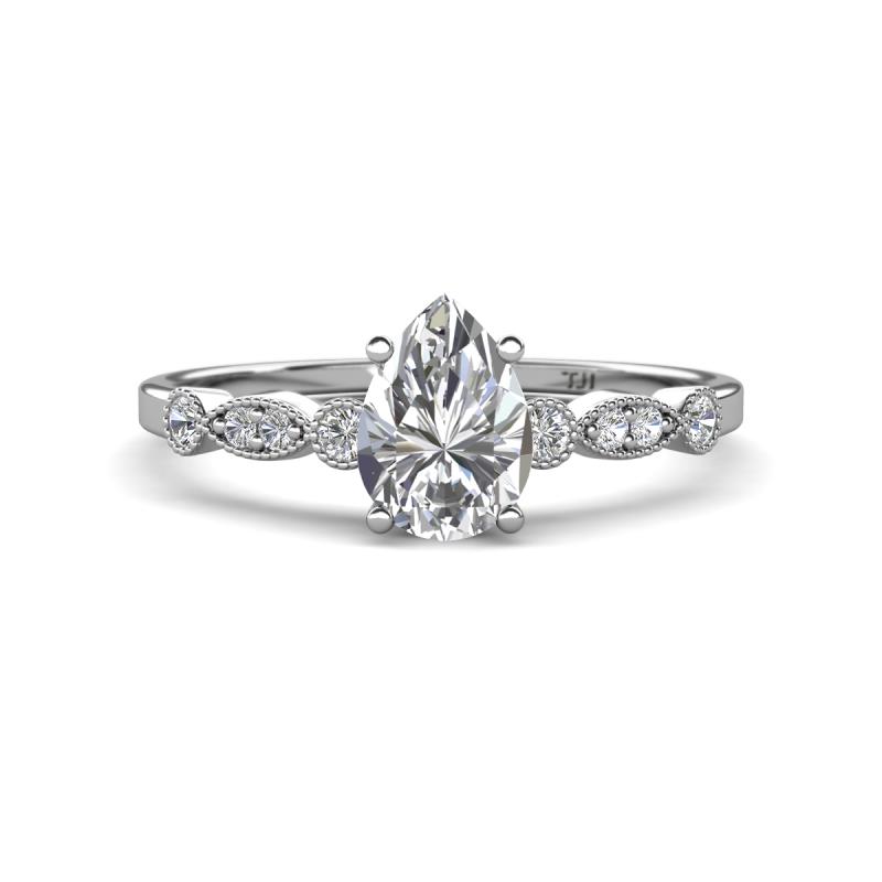 Kiara 1.10 ctw White Sapphire Pear Shape (7x5 mm) Solitaire Plus accented Natural Diamond Engagement Ring 