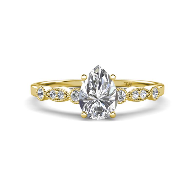 Kiara 1.10 ctw White Sapphire Pear Shape (7x5 mm) Solitaire Plus accented Natural Diamond Engagement Ring 
