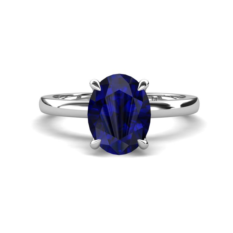 Abena 2.58 ctw Created Blue Sapphire Oval Shape (9x7 mm) with Prong Studded Side Natural Diamond Solitaire Plus Engagement Ring 