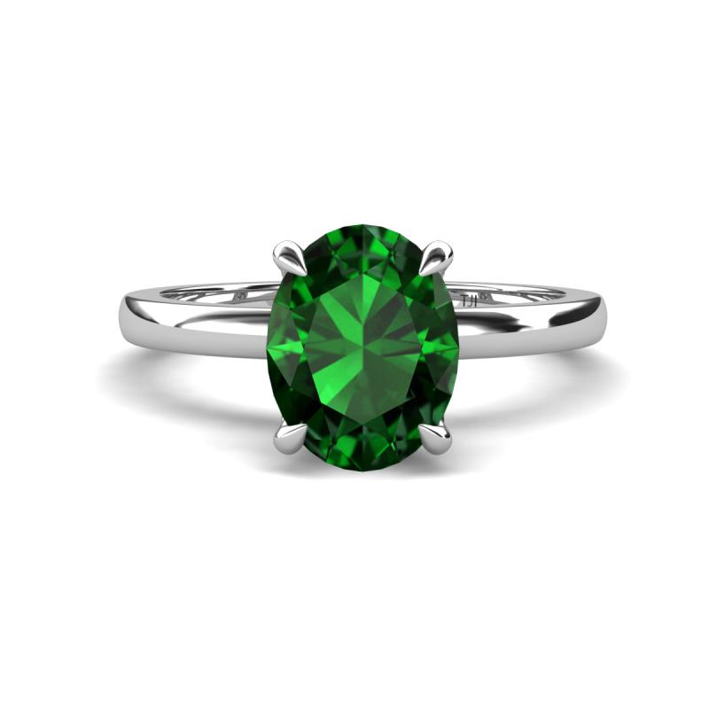 Abena 1.71 ctw Created Emerald Oval Shape (9x7 mm) with Prong Studded Side Natural Diamond Solitaire Plus Engagement Ring 