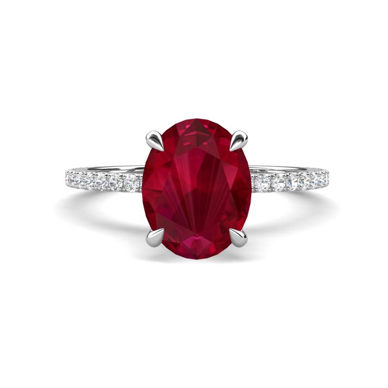 Aisha 2.89 ctw Created Ruby Oval Shape (9x7 mm) Hidden Halo accented Side Lab Grown Diamond Engagement Ring 
