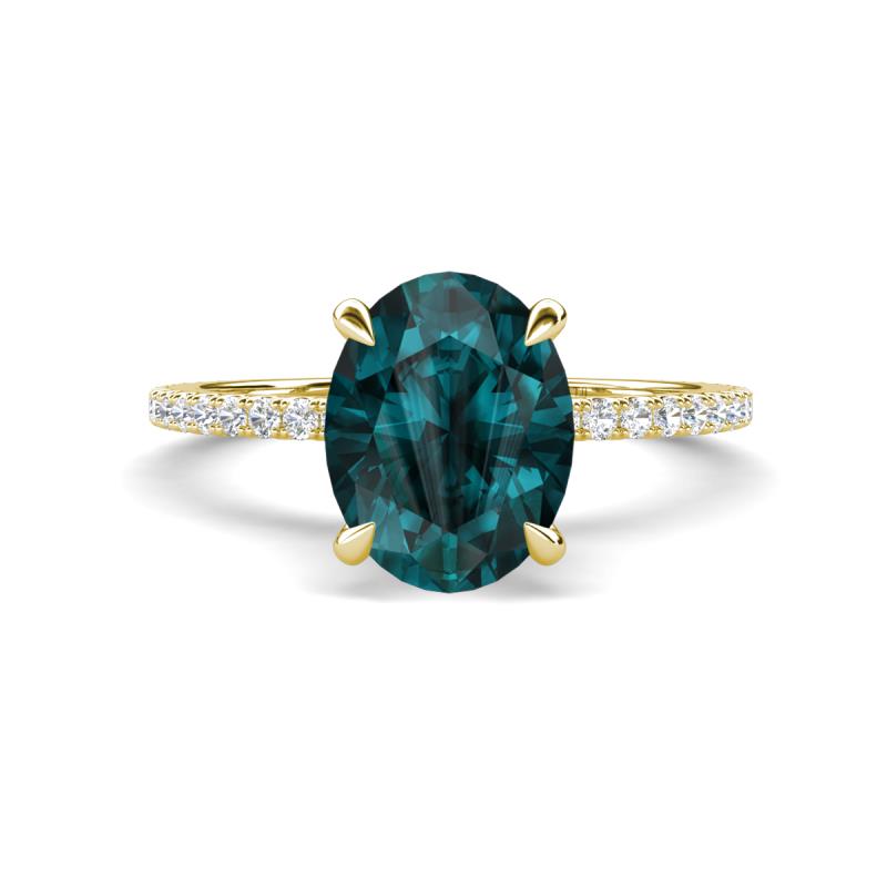 Aisha 2.77 ctw London Blue Topaz Oval Shape (9x7 mm) Hidden Halo accented Side Lab Grown Diamond Engagement Ring 
