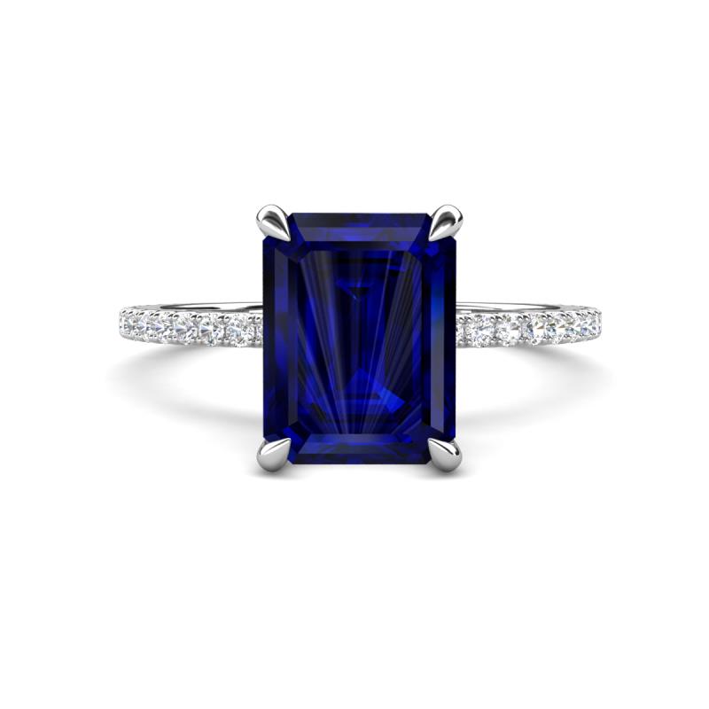 Aisha 3.27 ctw Created Blue Sapphire Emerald Shape (9x7 mm) Hidden Halo accented Side Lab Grown Diamond Engagement Ring 