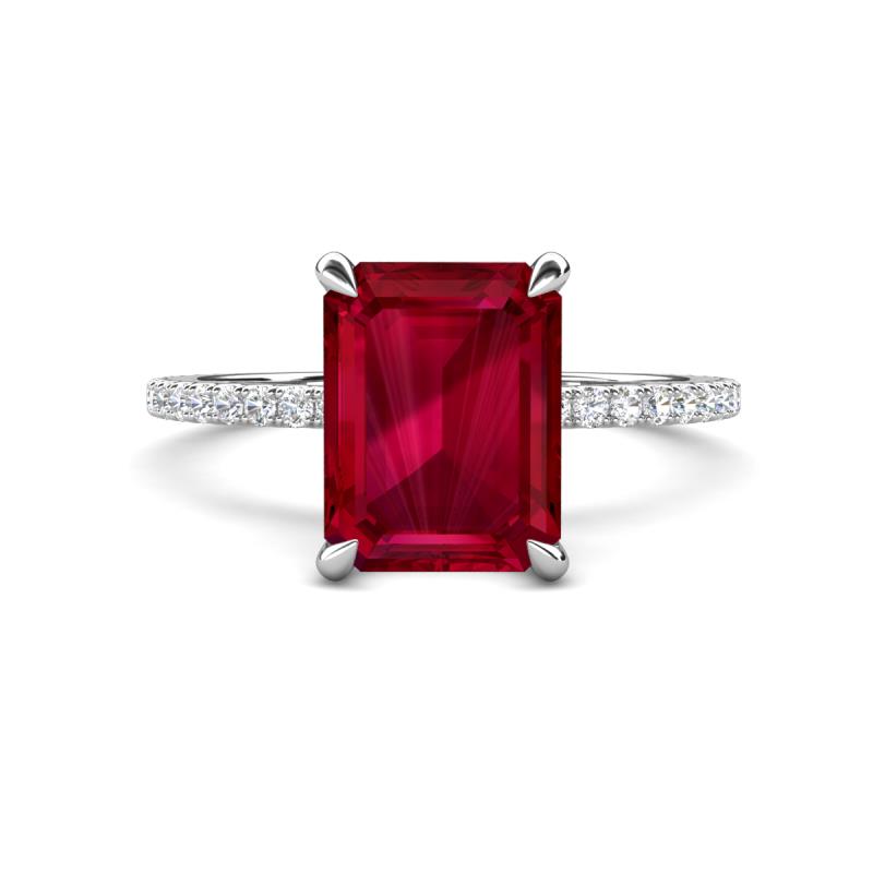 Aisha 3.33 ctw Created Ruby Emerald Shape (9x7 mm) Hidden Halo accented Side Lab Grown Diamond Engagement Ring 