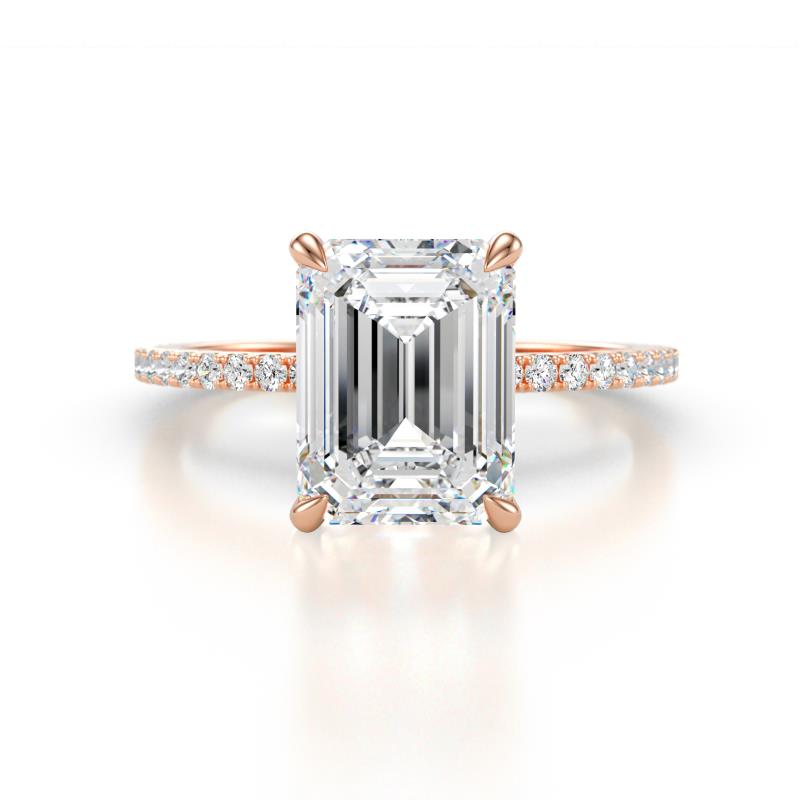 Aisha 2.17 ctw Moissanite Emerald Shape (9x7 mm) Hidden Halo accented Side Lab Grown Diamond Engagement Ring 