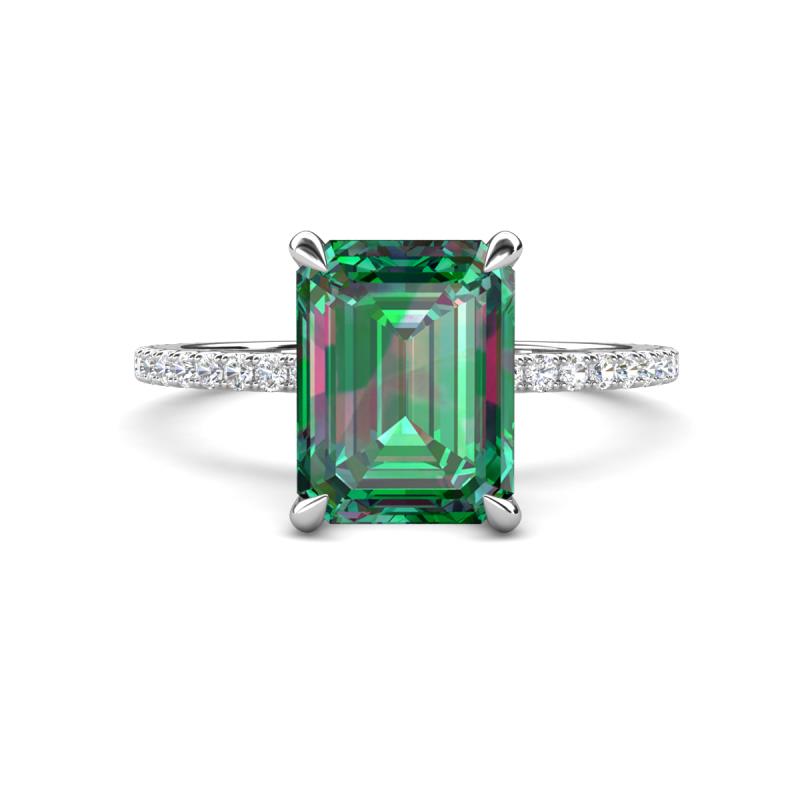 Aisha 3.57 ctw Created Alexandrite Emerald Shape (9x7 mm) Hidden Halo accented Side Lab Grown Diamond Engagement Ring 