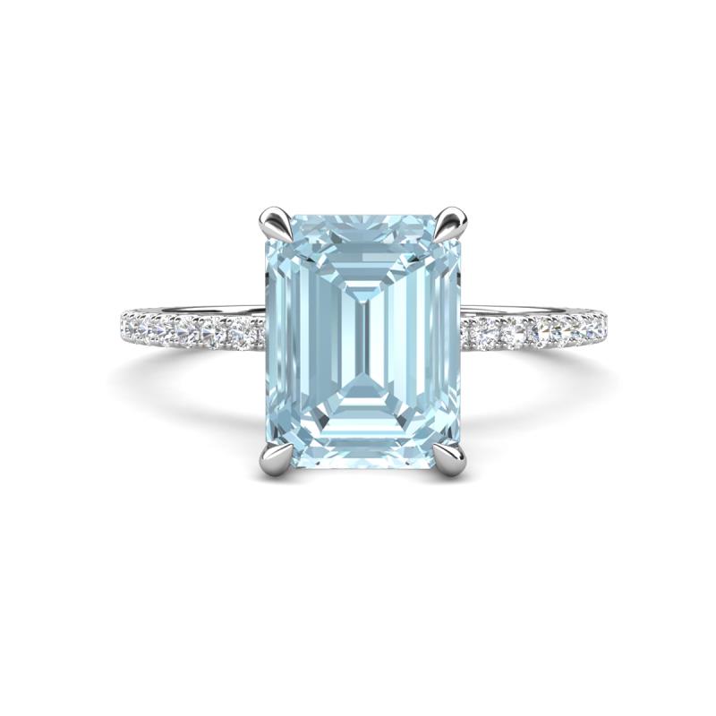 Aisha 2.37 ctw Aquamarine Emerald Shape (9x7 mm) Hidden Halo accented Side Lab Grown Diamond Engagement Ring 