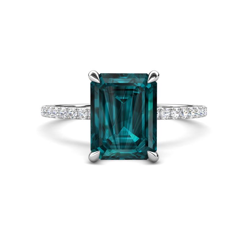 Aisha 3.37 ctw London Blue Topaz Emerald Shape (9x7 mm) Hidden Halo accented Side Lab Grown Diamond Engagement Ring 