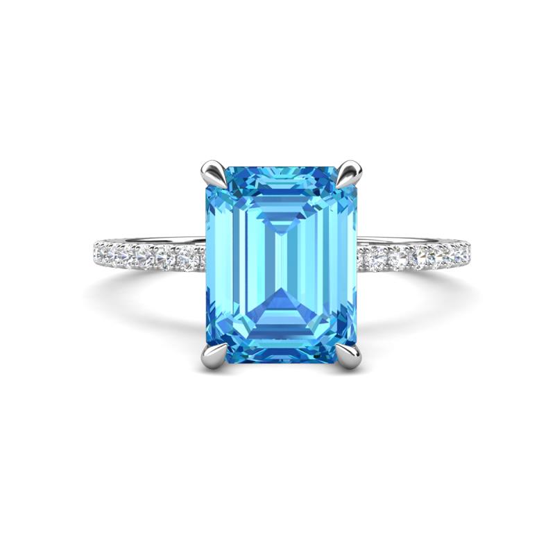 Aisha 3.37 ctw Blue Topaz Emerald Shape (9x7 mm) Hidden Halo accented Side Lab Grown Diamond Engagement Ring 