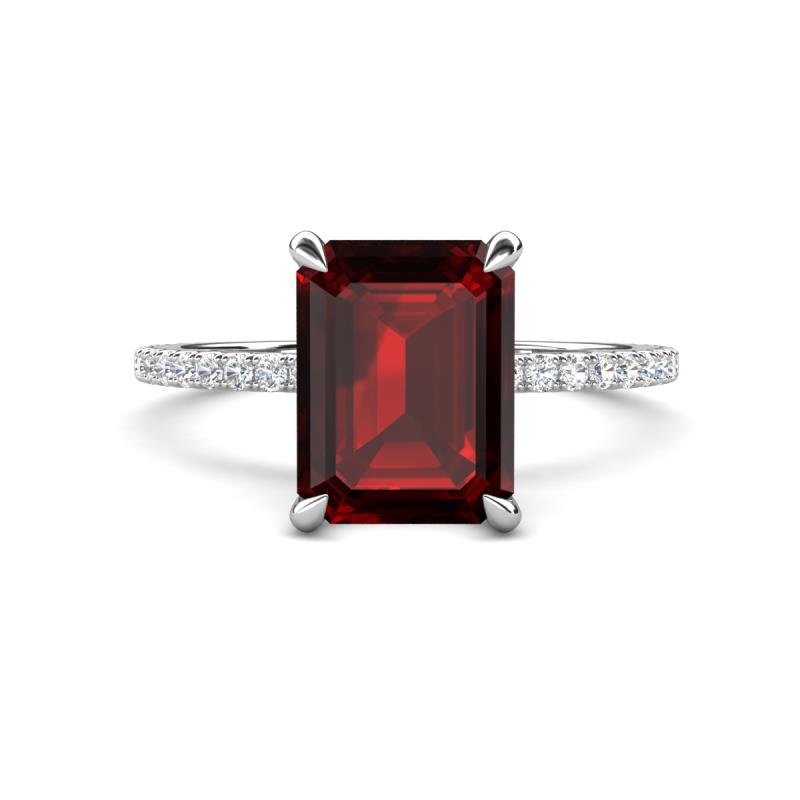 Aisha 3.37 ctw Red Garnet Emerald Shape (9x7 mm) Hidden Halo accented Side Lab Grown Diamond Engagement Ring 