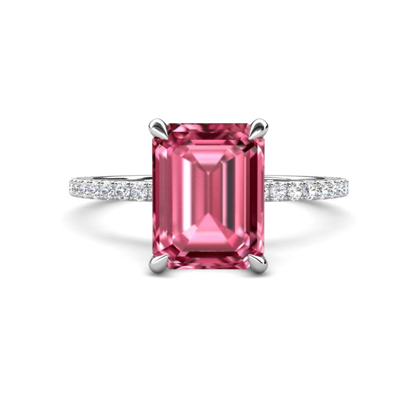 Aisha 3.22 ctw Pink Tourmaline Emerald Shape (9x7 mm) Hidden Halo accented Side Lab Grown Diamond Engagement Ring 