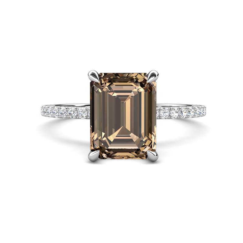 Aisha 2.62 ctw Smoky Quartz Emerald Shape (9x7 mm) Hidden Halo accented Side Lab Grown Diamond Engagement Ring 