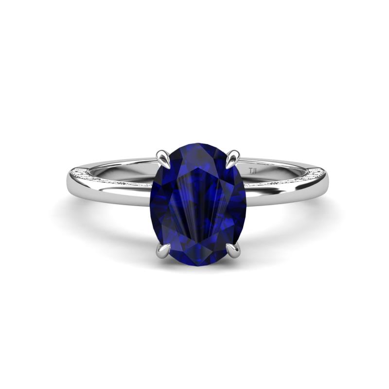 Lucia 2.66 ctw Created Blue Sapphire Oval Shape (9x7 mm) Hidden Halo accented Natural Diamond Engagement Ring 