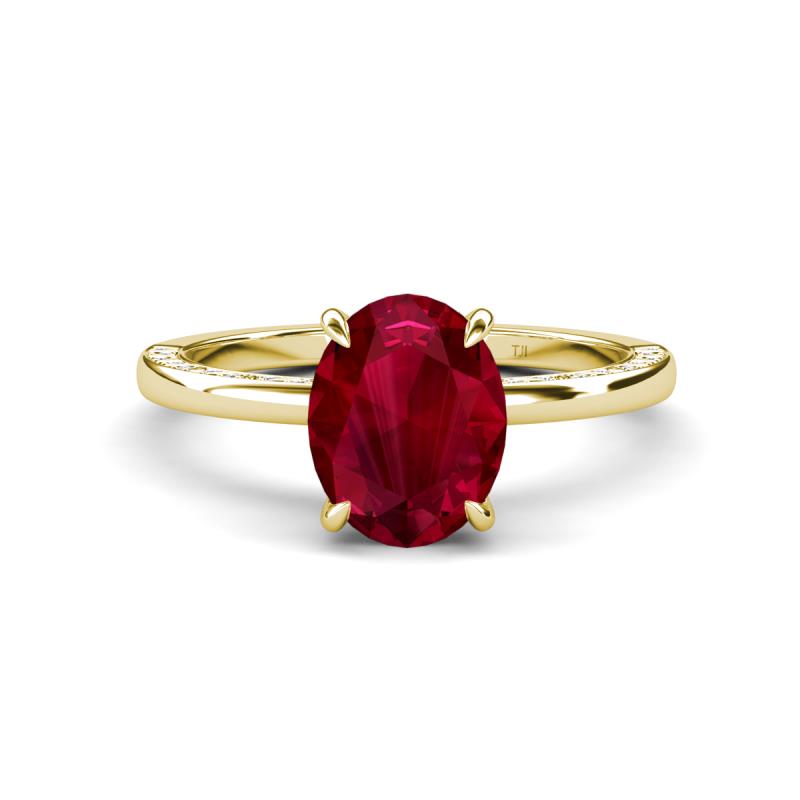 Lucia 2.66 ctw Created Ruby Oval Shape (9x7 mm) Hidden Halo accented Natural Diamond Engagement Ring 