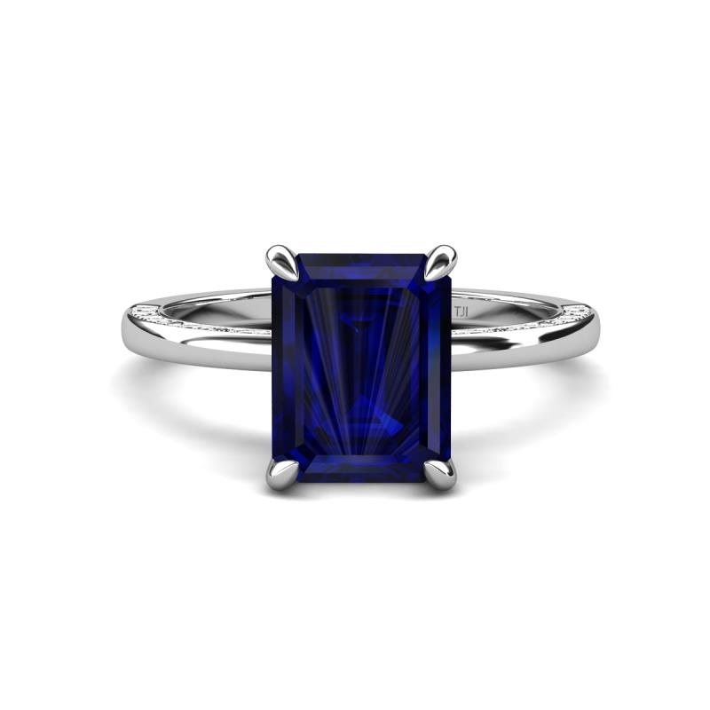 Lucia 3.04 ctw Created Blue Sapphire Emerald Shape (9x7 mm) Hidden Halo accented Natural Diamond Engagement Ring 