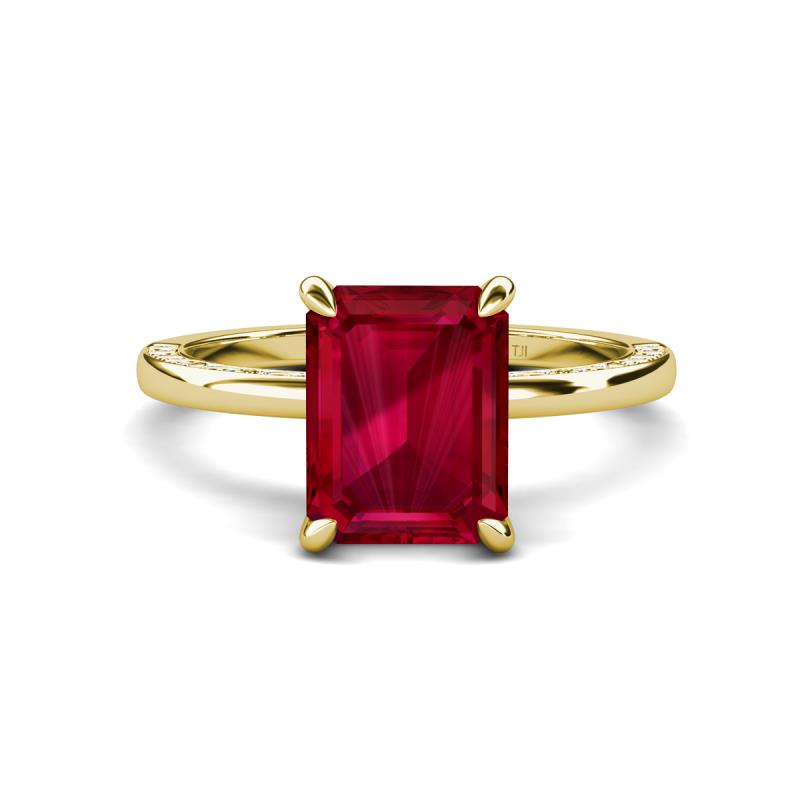 Lucia 3.10 ctw Created Ruby Emerald Shape (9x7 mm) Hidden Halo accented Natural Diamond Engagement Ring 