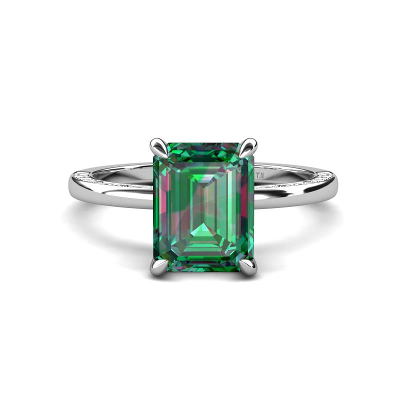 Lucia 3.34 ctw Created Alexandrite Emerald Shape (9x7 mm) Hidden Halo accented Natural Diamond Engagement Ring 