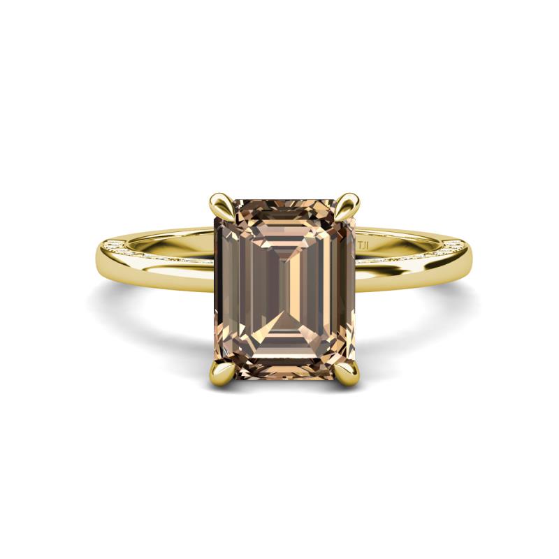 Lucia 2.39 ctw Smoky Quartz Emerald Shape (9x7 mm) Hidden Halo accented Natural Diamond Engagement Ring 
