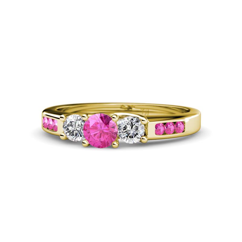 Jamille 0.80 ctw Pink Sapphire (4.50 mm) and Lab Grown Diamond (3.50 mm) Three Stone accented Pink Sapphire Engagement Ring  