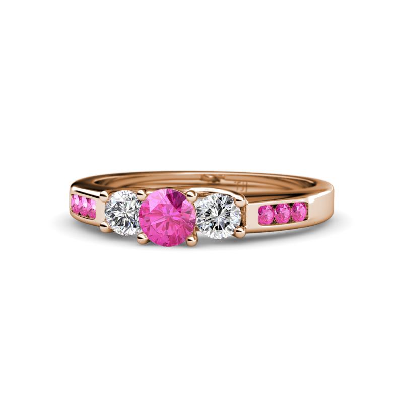 Jamille 0.80 ctw Pink Sapphire (4.50 mm) and Lab Grown Diamond (3.50 mm) Three Stone accented Pink Sapphire Engagement Ring  