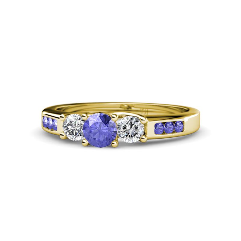 Jamille 0.75 ctw Tanzanite (4.50 mm) and Lab Grown Diamond (3.50 mm) Three Stone accented Tanzanite Engagement Ring  