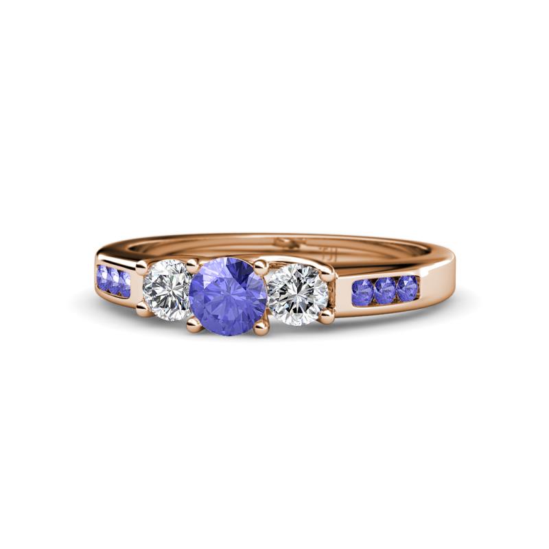 Jamille 0.75 ctw Tanzanite (4.50 mm) and Lab Grown Diamond (3.50 mm) Three Stone accented Tanzanite Engagement Ring  