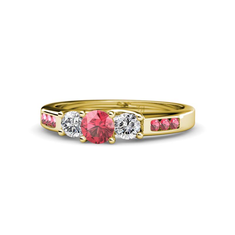 Jamille 0.76 ctw Pink Tourmaline (4.50 mm) and Lab Grown Diamond (3.50 mm) Three Stone accented Pink Tourmaline Engagement Ring  