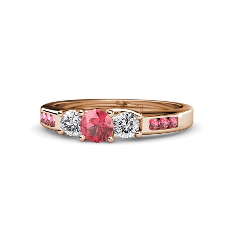 Jamille 0.76 ctw Pink Tourmaline (4.50 mm) and Lab Grown Diamond (3.50 mm) Three Stone accented Pink Tourmaline Engagement Ring  