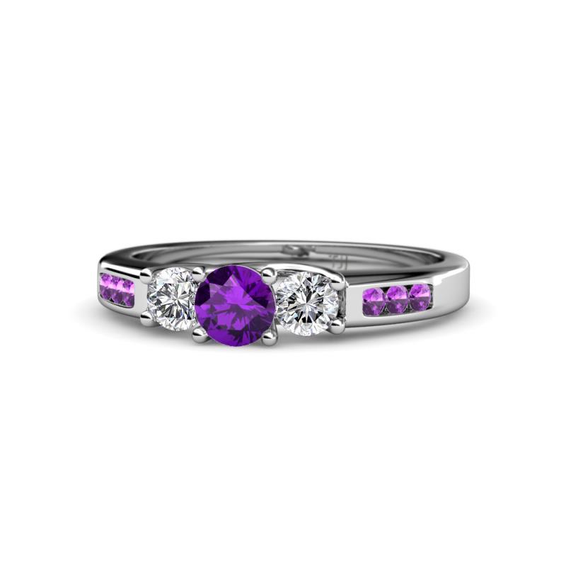 Jamille 0.76 ctw Amethyst (4.50 mm) and Lab Grown Diamond (3.50 mm) Three Stone accented Amethyst Engagement Ring  