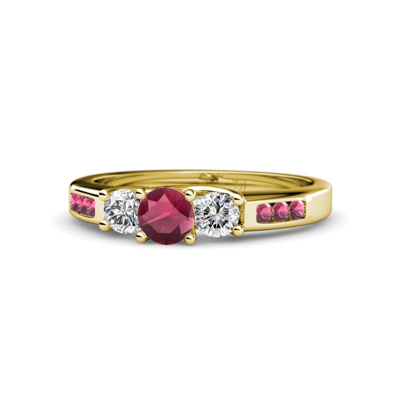 Jamille 0.83 ctw Rhodolite Garnet (4.50 mm) and Lab Grown Diamond (3.50 mm) Three Stone accented Rhodolite Garnet Engagement Ring  