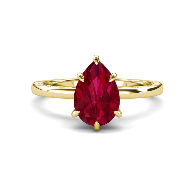 Lucia 2.68 ctw Created Ruby Pear Shape (9x7 mm) Hidden Halo accented Natural Diamond Engagement Ring  