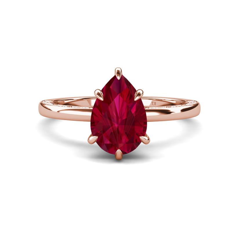 Lucia 2.68 ctw Created Ruby Pear Shape (9x7 mm) Hidden Halo accented Natural Diamond Engagement Ring  